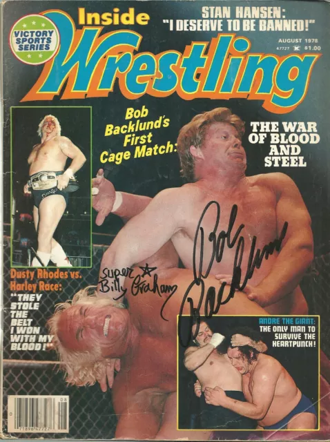 AM195  Superstar Billy Graham  Bob Backlund  signed Wrestling Magazine  w/COA