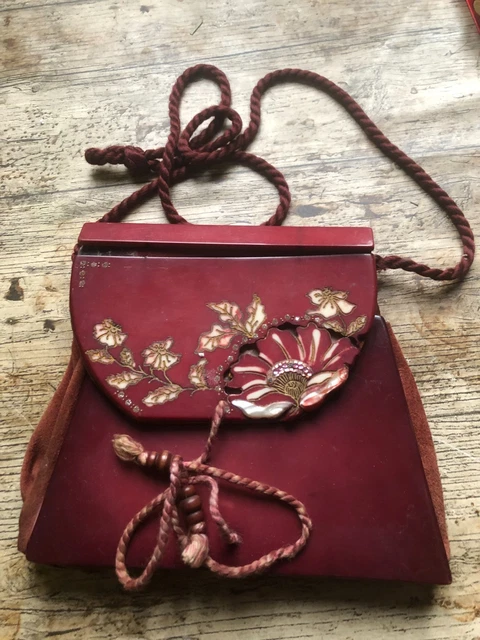 Sac Minaudière Vintage à Soufflet En Résine, Cuir Et Nacre - Style Rétro Années 50-60 - Très Bon état - Fait Main En France
