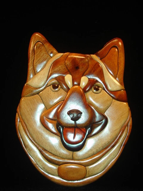 Hand crafted 3D Intarsia Wood Art NORWEGIAN ELKHOUND Dog Sign Wall Plaque