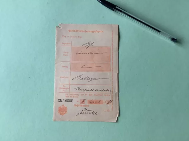 Germany Calvorde Saxony 1891 postal delivery note  Ref A1527
