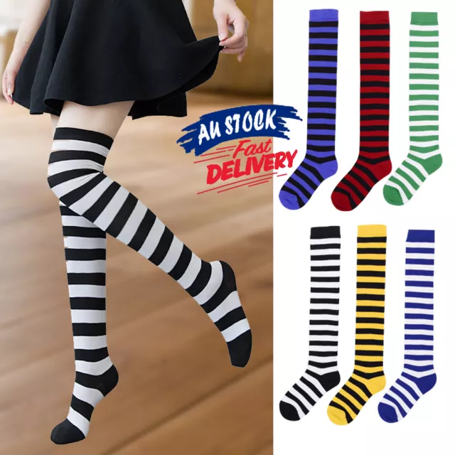 Over The Knee High Socks Striped Women Ladies Girls Cheerleader Pair Stripe