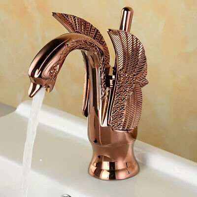 Rose Gold Bathroom Sink Faucet Swan Style Deck Mount Hot and Cold Mixer Tap