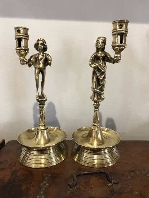 RARE Paire bougeoir Gothique 15eme Siècle Haute Époque 19eme Bronze Médiéval Or