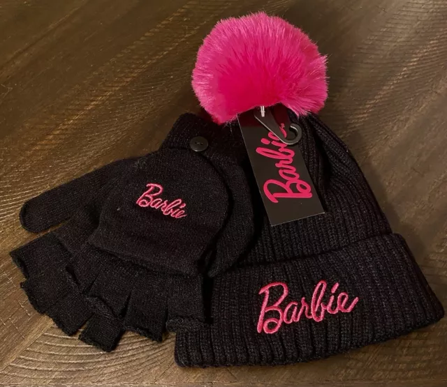 Barbie Movie Knit Hat And Glove Set Black w/ Hot Pink Pom Pom New With Tags!