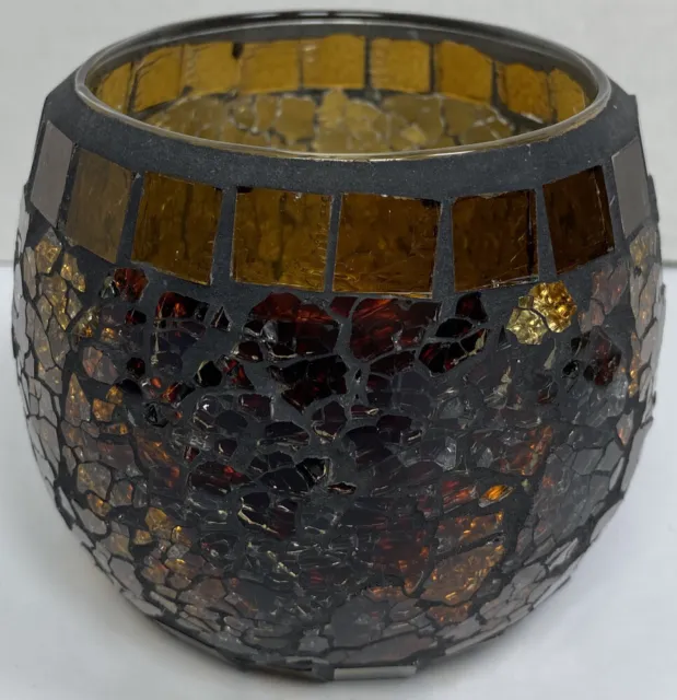 Mosaic Stained Glass Candle Holder Amber Copper Colored Art Glass 4”tall x3.5”w