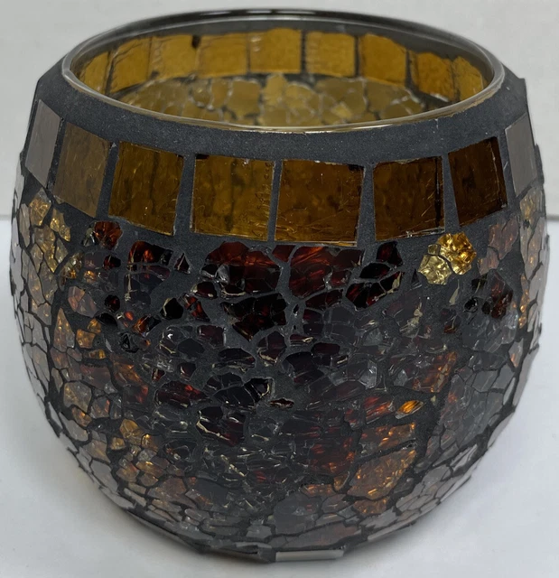 Mosaic Stained Glass Candle Holder Amber Copper Colored Art Glass 4”tall x3.5”w
