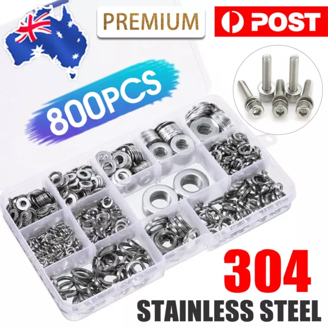 800Pcs M4~M12 Flat& Spring Washers Kit Stainless Steel Assortment Metal Lock Set