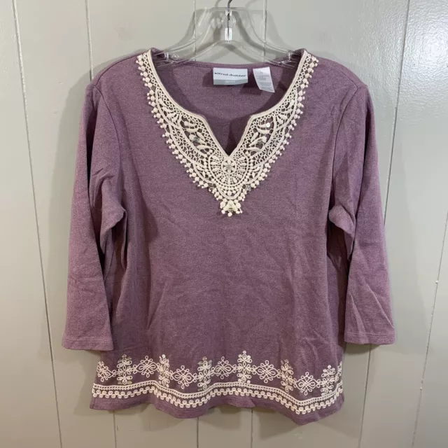 Alfred Dunner Petite Pink Lace V Neck 3/4 Sleeve Knit Casual T Shirt Top PS