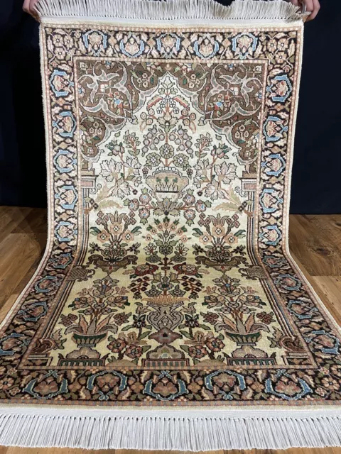 Seiden Orientteppich Kaschmir Gom Fein Lebensbaum GEREINIGT 130x80cm Silk Rug