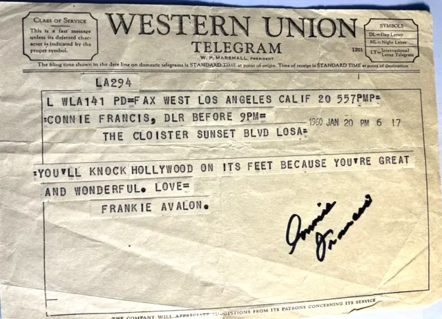 Connie Francis Signed Rare Orig 1960 Western Union Telegram From Frankie Avalon!