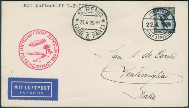 Zeppelin Dt. Reich 1929 Mittelmeerfahrt Brief Bordpost San Remo Si 24 d / 1517