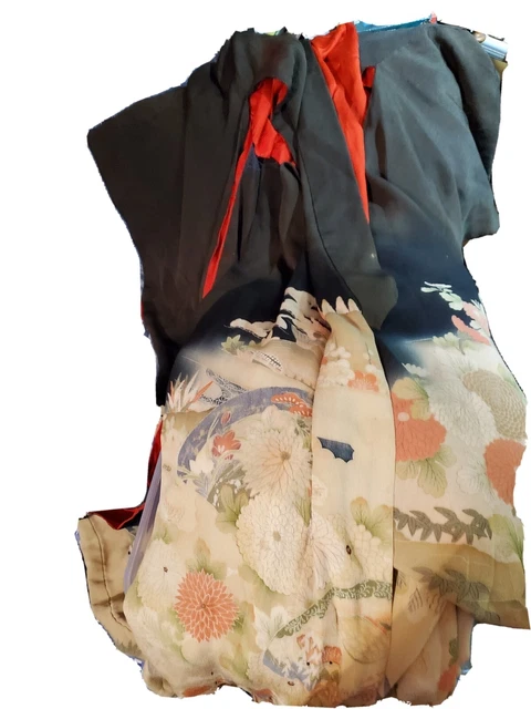 Black Antique Taisho Japanese silk Furisode kimono Kiku Chrysanthemum floral