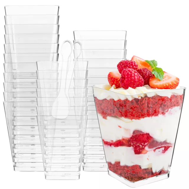 BANBAN 100 Pcs Dessert Cups With 100 Spoons 150ml/5 Oz Plastic Square Cups Min u