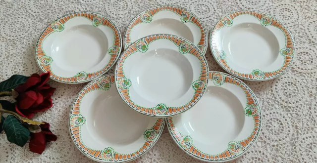 6 Assiettes Creuses  modèle DERBY signées LONGWY,Faïence Ancien Vaisselle French