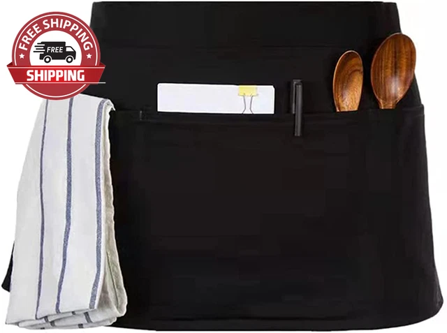 Black Server Waist Aprons, Waitress Half Apron, Server Apron with 3 Pockets …