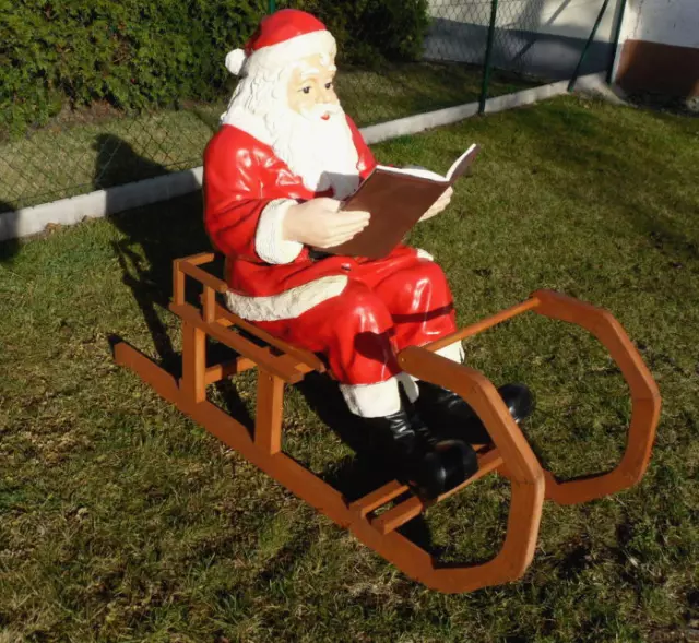 XXL Weihnachtsmann mit Buch auf Holz-Schlitten Santa Garten Deko Weihnachtsdeko