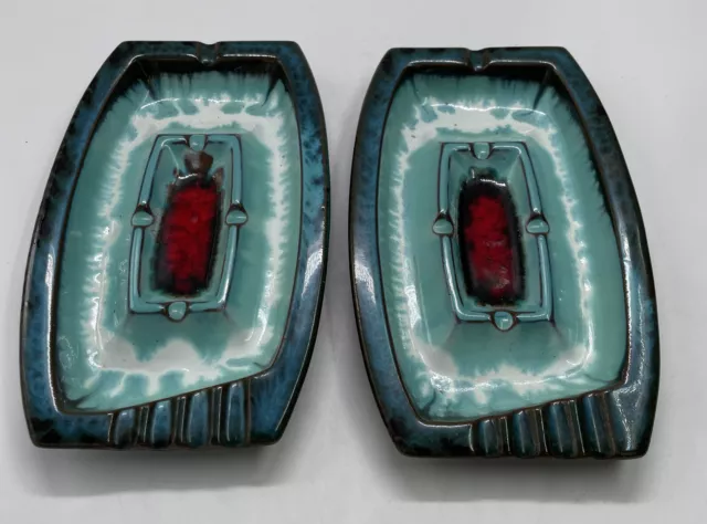 2 Vintage Redware Green Agate Aqua Drip Art Pottery Ashtrays 9 5/8" x 6" x 1”
