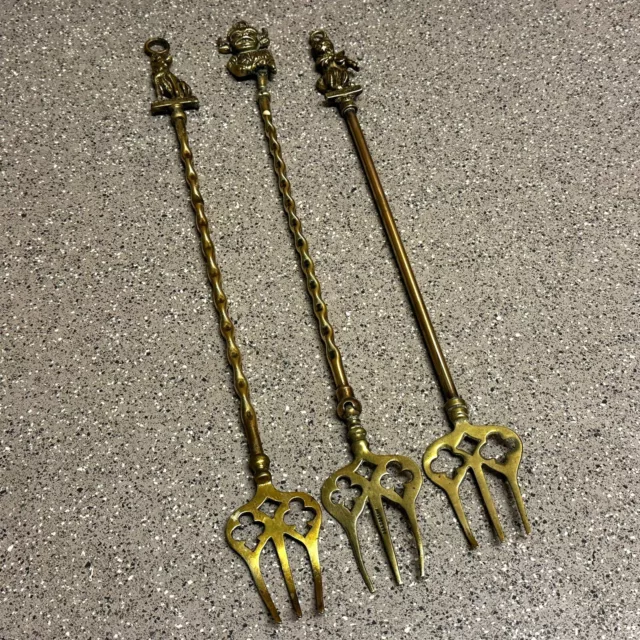 Bundle Of 3 Brass Toasting Forks - Hanging - Imp, Cat & Alsatian - Fire Tools