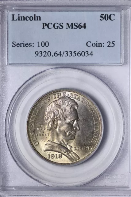 BU 1918 Lincoln Illinois Commemorative Half Dollar PCGS MS64 Great Luster! TNCM