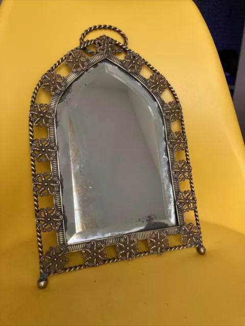 Ancien Psyché De Table Miroir A Poser En Bronze Glace Biseaute Decor Fleurs