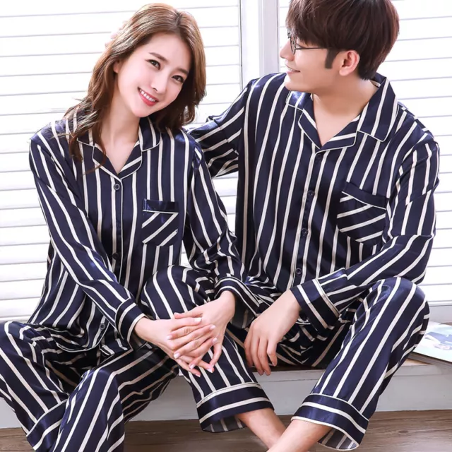 Womens Mens Sleepwear Silk Satin Pajamas Set Long Sleeve Pyjamas Nightwear New