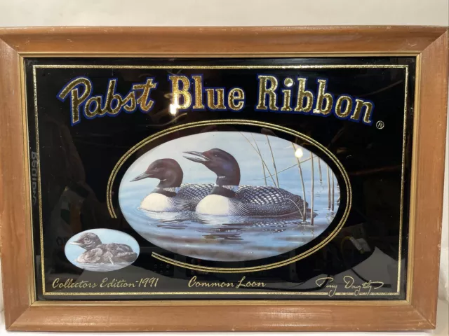 Vintage Pabst Blue Ribbon Beer 1991 Common Loon Advertising Mirror Framed Sign