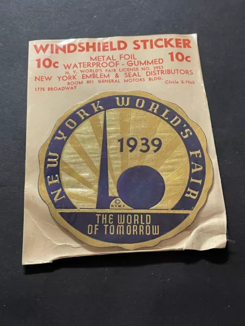 1939 New York World's Fair Window Sticker Windshield Sealed Package