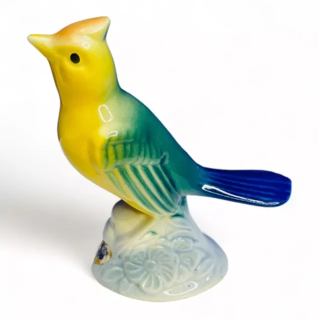 Royal Copley Jay Bird Blue & Green Yellow Sitting on Flower Branch Figurine 5"