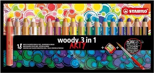 Crayon de couleur - STABILO woody 3in1 - Étui carton ARTY x 18 crayons + taille