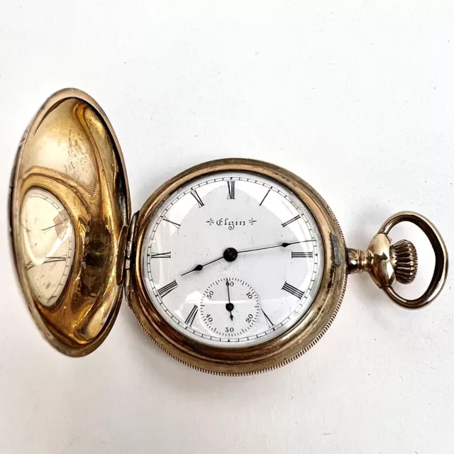 Elgin 6s 7J Grade 206 Fancy Enamel Dial Gold Filled Hunter Case Pocket Watch