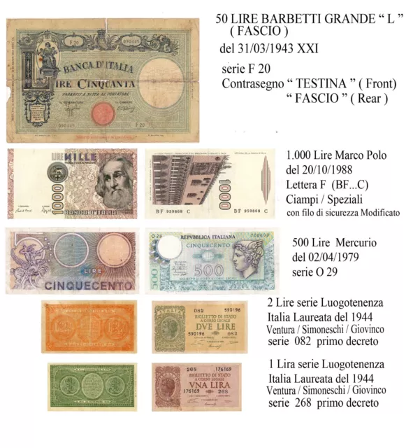 1 2 500 1000 50 LIRE BARBETTI Grande L  REGNO   1944 1943 1979 1988 IMPERO LOTTO