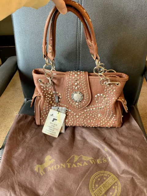 NEW w/Tags Montana West Concealed Gun Carry Dust Bag Purse Studded Leather Brown