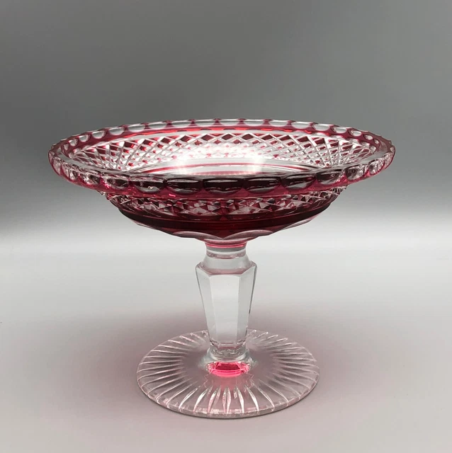 ANTIQUE CRANBERRY RED Cut to Clear Glass Pedestal Compote Candy Dish £