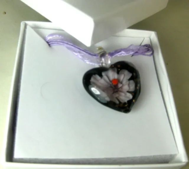 hand blown glass pendant necklace heart  purple Murano style boxed   1.2x1.2"