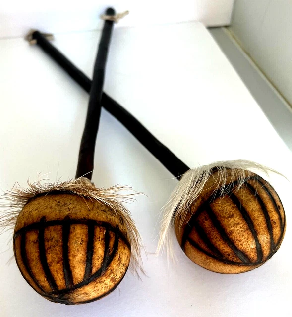 Vintage Pair - Native American Indian Gourd & Fur Rattles