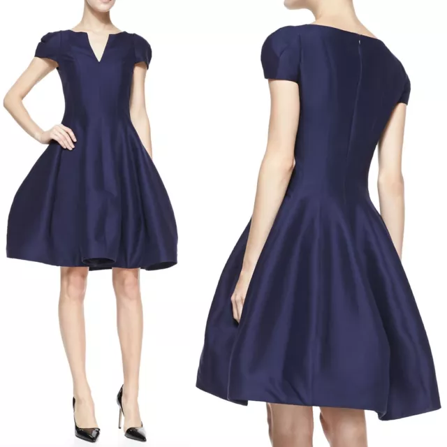 Halston Heritage Size 2/4 Women's Navy Tulip Skirt Split Neck Cap Slv Dress $445