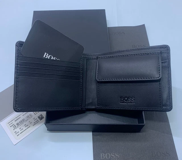 BRAND NEW HUGO Boss Mens Asolo Bi Fold Black Leather Wallet With Coin