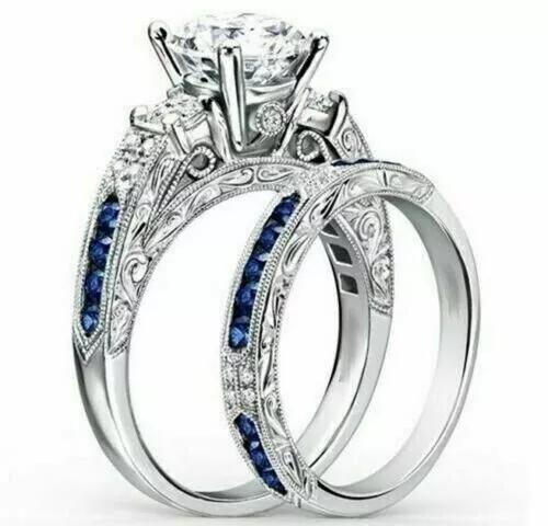 Wedding Ring Set 2.90Ct White Round Cut Moissanite Solid 14K White Gold Size 8.5