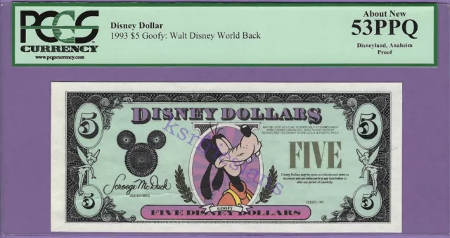 1993 $5 Goofy DISNEY DOLLAR PROOF PCGS Currency 53PPQ About New EXTREMELY SCARCE