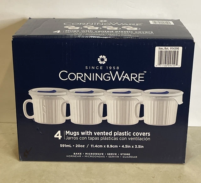 New Corningware Soup Mugs Set of 4 Mugs with Vented Plastic Covers White 20 oz.