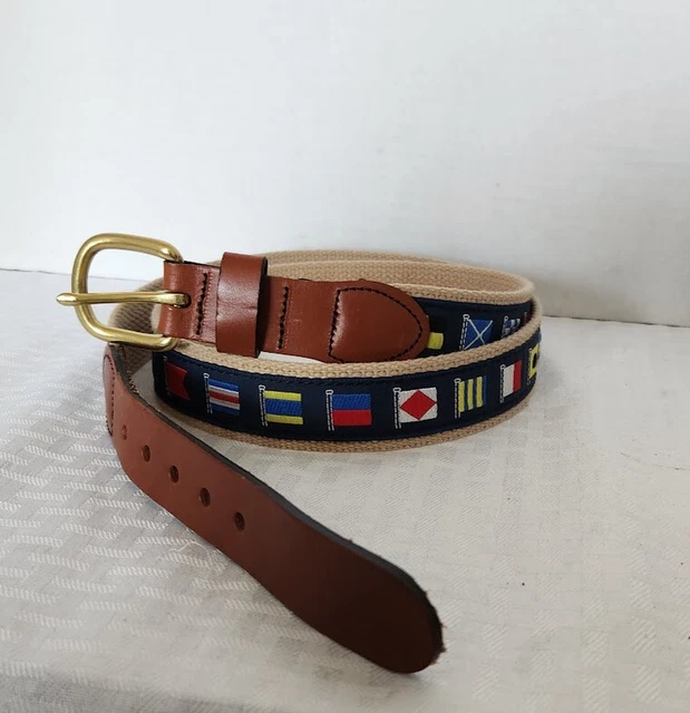 MENS LEATHER MAN Belt World Flags ESSEX CT Khaki Solid Brass Buckle