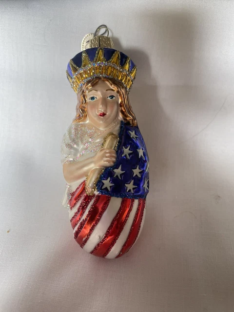 Vintage Old World Christmas Patriotic Glass Lady Liberty Ornament Glitter