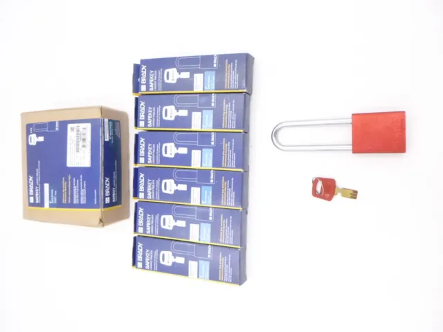 6 Pk Brady 150323 SafeKey Safety Padlock 1-1/2" Wide 6-Pins Red Anodized Alumimu