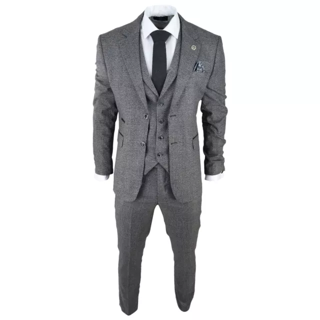 Mens 3 Piece Suit Prince Of Wales Check Grey Tailored Fit Vintage Wedding