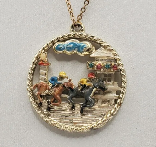 Vintage Enamel Horse Racing Jockey Scene Pendant Necklace Equestrian Rhinestone