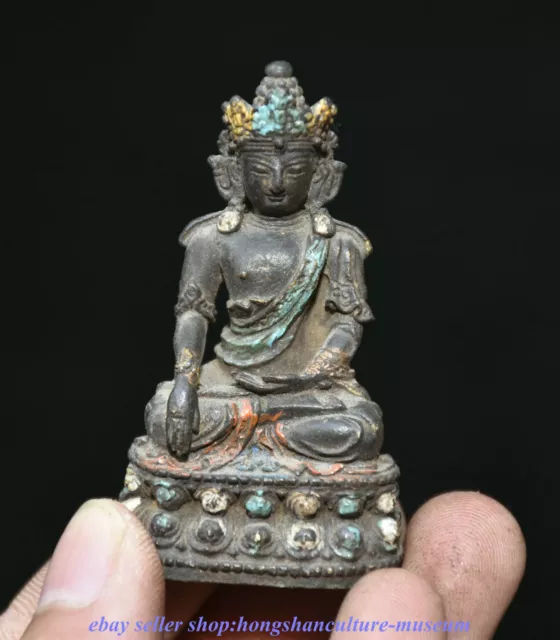 2.2 " China Buddhism Bronze Painting Guanyin Kwan-Yin Buddha Lotus Statue