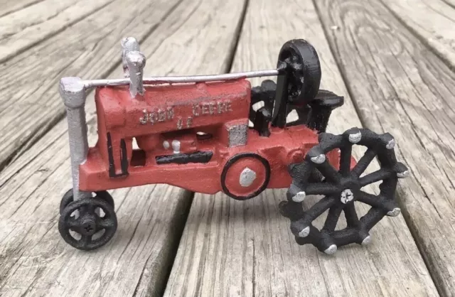 Cast Iron John Deere Red Farm Tractor Toy, Wheels Move