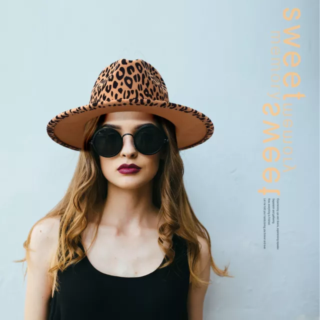 Men Women Fashion Leopard Printed Wide Brim Wool Felt Jazz Hat Fedora Panama Cap 3