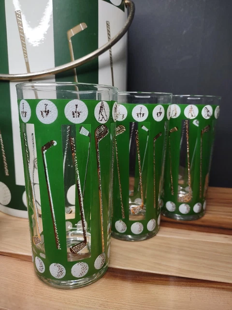 Vintage MCM Georges Briard Golf club Glasses Gold Gilt Green ice bucket no lid. Vintage MCM Georges Briard Golf club Glasses Gold Gilt Green ice bucket no lid.