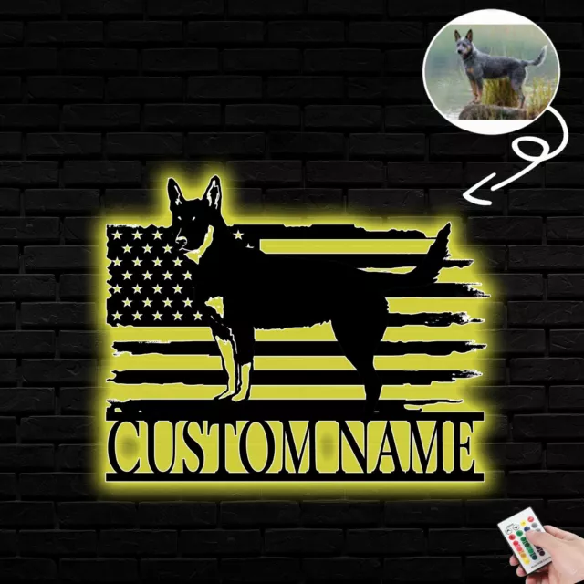 Personalized Australian cattle Dog American Flag Metal Sign Led Lights Custom